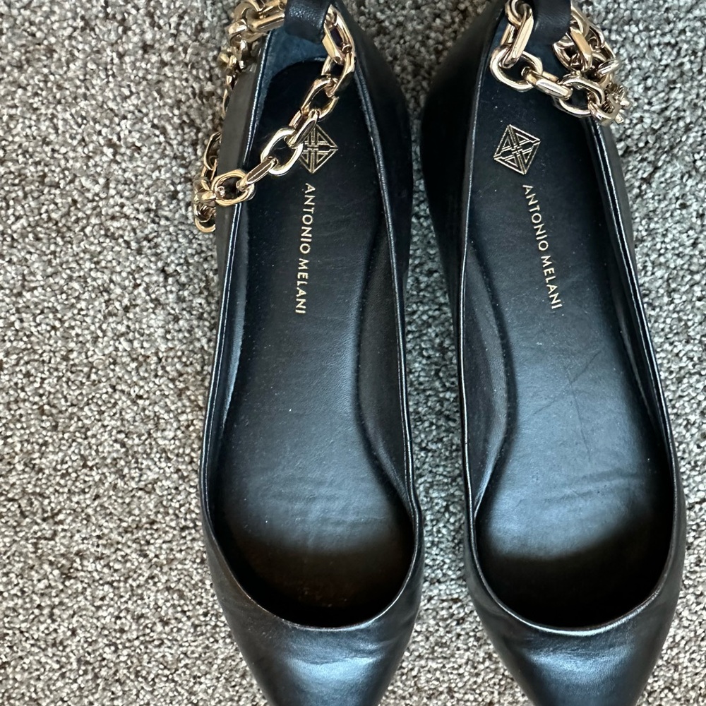 Antonio Melani Black Flats with Gold Chain Accent